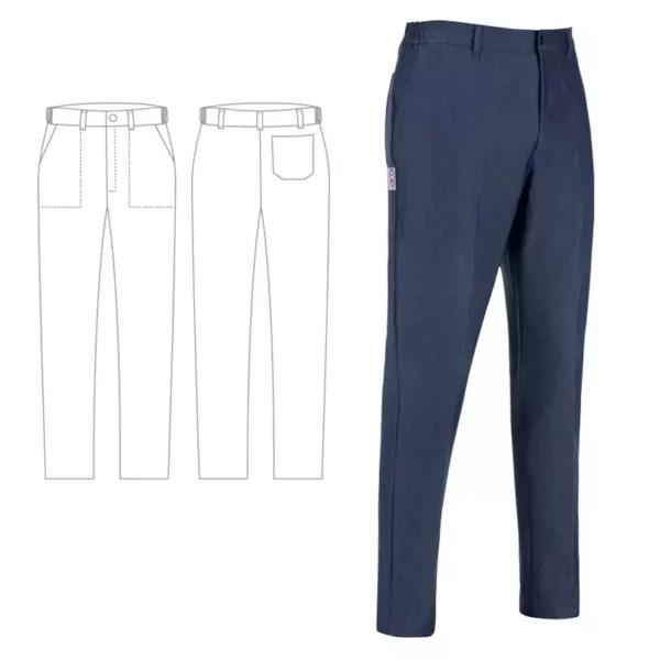 Imagen y esquema del pantalón cocinero unisex Egochef Slim Fit, denim, corte ajustado, bolsillos delanteros y traseros.