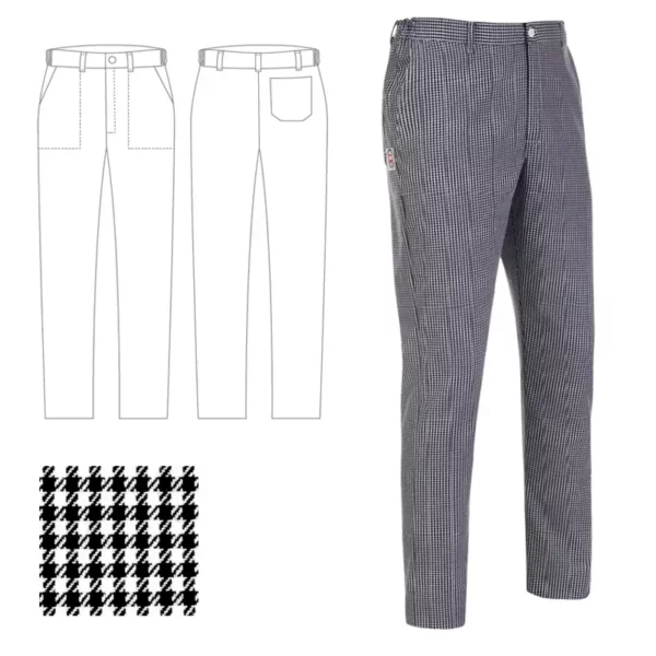 Imagen y esquema del pantalón cocinero unisex Egochef Slim Fit, a cuadros negros, corte ajustado, bolsillos delanteros y traseros.