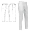 Imagen y esquema del pantalón cocinero unisex Egochef Slim Fit, blanco, corte ajustado, bolsillos delanteros y traseros.