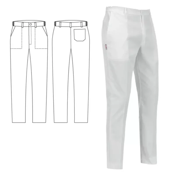 Imagen y esquema del pantalón cocinero unisex Egochef Slim Fit, blanco, corte ajustado, bolsillos delanteros y traseros.