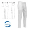 Imagen y esquema del pantalón cocinero unisex Egochef Slim Fit, con elastano, blanco, corte ajustado, bolsillos delanteros y traseros.