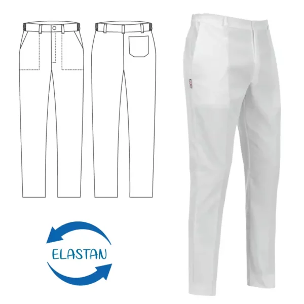 Imagen y esquema del pantalón cocinero unisex Egochef Slim Fit, con elastano, blanco, corte ajustado, bolsillos delanteros y traseros.