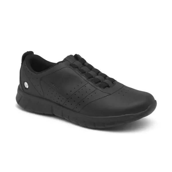 Zapato unisex Suecos ERIK negro, ergonómico, con ajuste fácil mediante elásticos y suela antideslizante SRC, diseñado para largas jornadas laborales.