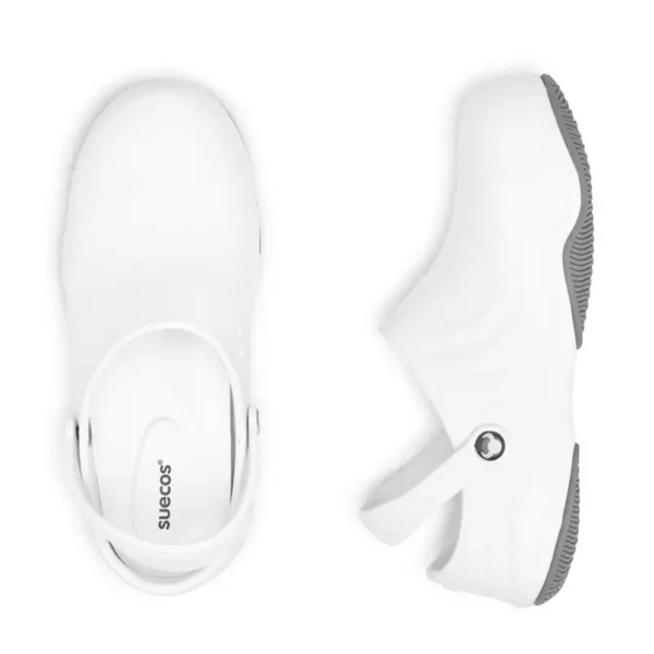 Zuecos unisex Suecos Magnus en color blanco, con puntera de protección y suela antideslizante, perfectos para entornos laborales.