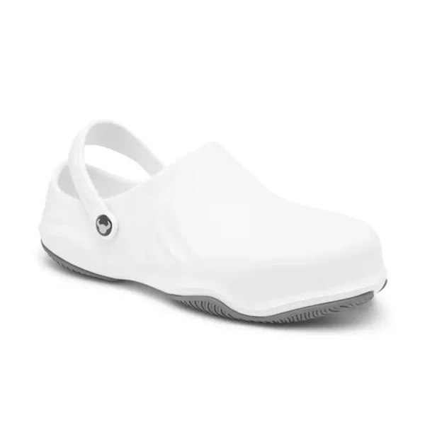 Zuecos unisex Suecos Magnus en color blanco, con puntera de protección y suela antideslizante, perfectos para entornos laborales.