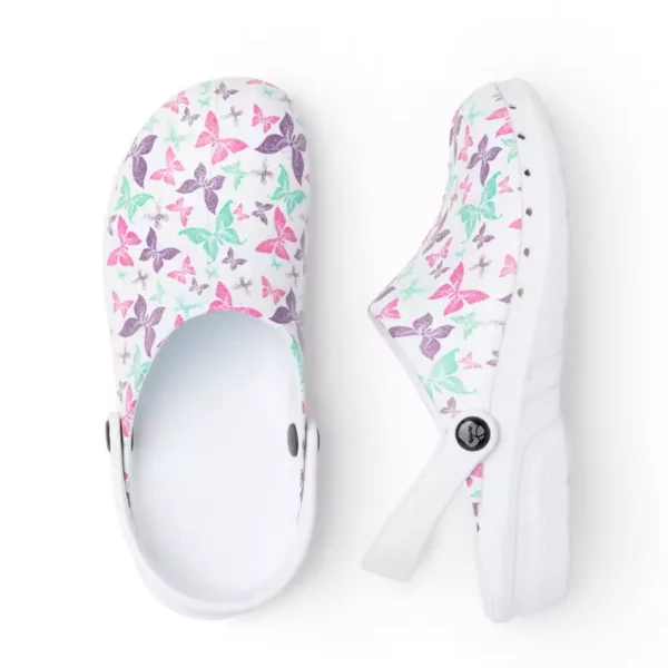 Zueco unisex Suecos Oden Print Liv, con diseño de mariposas, ergonómico y antideslizante, ideal para entornos sanitarios.