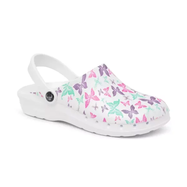 Zueco unisex Suecos Oden Print Liv, con diseño de mariposas, ergonómico y antideslizante, ideal para entornos sanitarios.