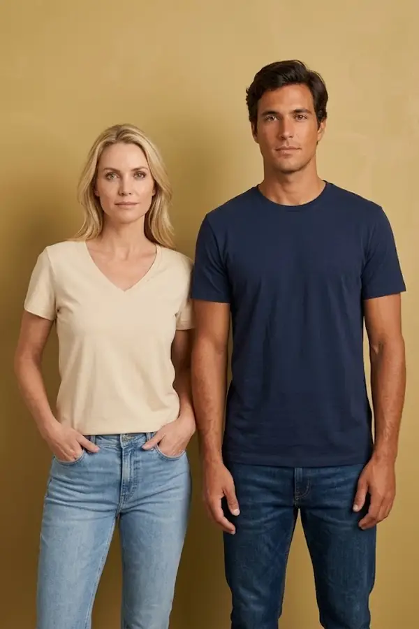 camiseta-personalizada-mandino-textil-4 Chico moreno y chica rubia vistiendo camiseta personalizada en Mandino Textil