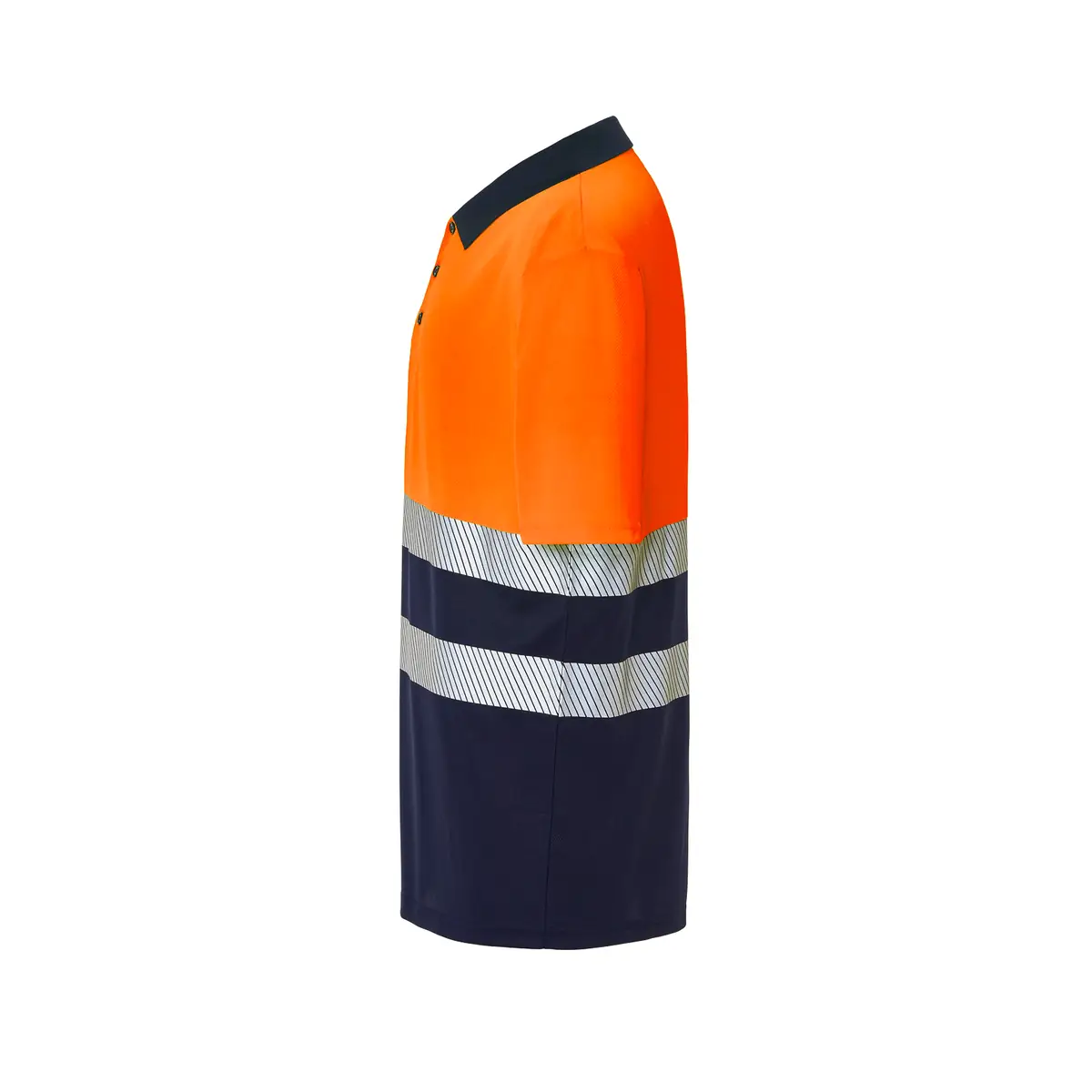 Polo alta visibilidad manga corta JHK HV02U00 3 Polo JHK HV02U00 en azul marino y naranja flúor, vista lateral