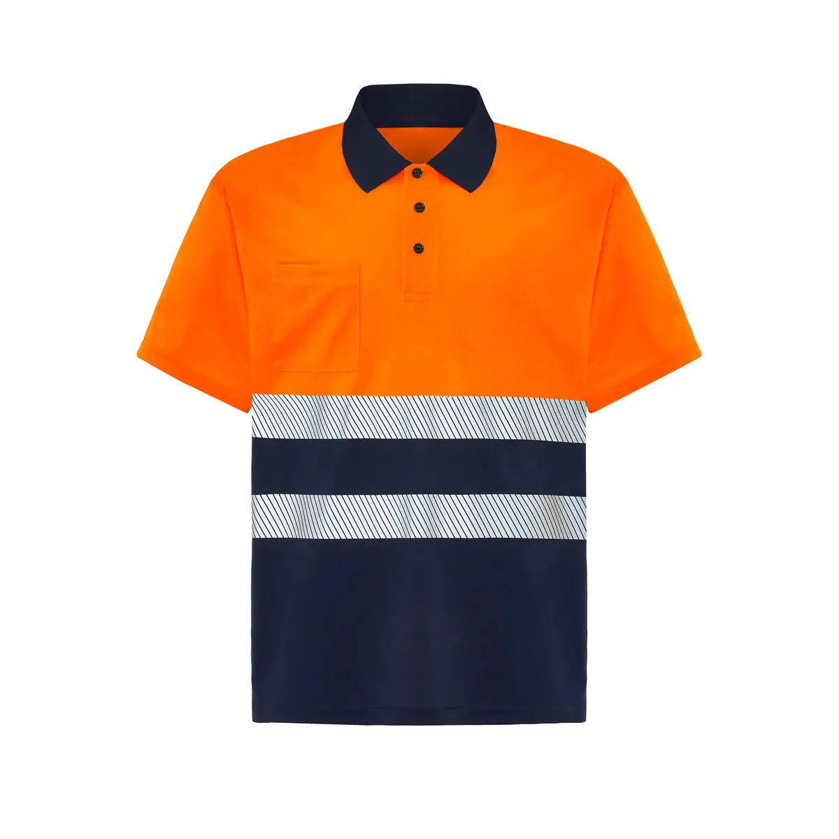 Polo alta visibilidad manga corta JHK HV02U00 2 Polo JHK HV02U00 en azul marino y naranja flúor, vista frontal