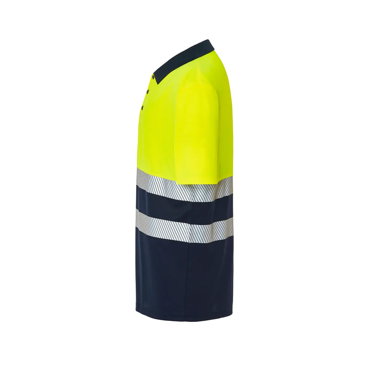 Polo alta visibilidad manga corta JHK HV02U00 6 Polo JHK HV02U00 en azul marino y amarillo sol flúor, vista lateral