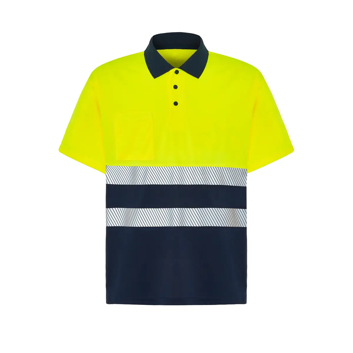 Polo alta visibilidad manga corta JHK HV02U00 5 Polo JHK HV02U00 en azul marino y amarillo sol flúor, vista frontal