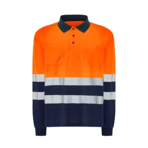 Polo JHK HV02U00LS en azul marino y naranja flúor de manga larga, vista frontal