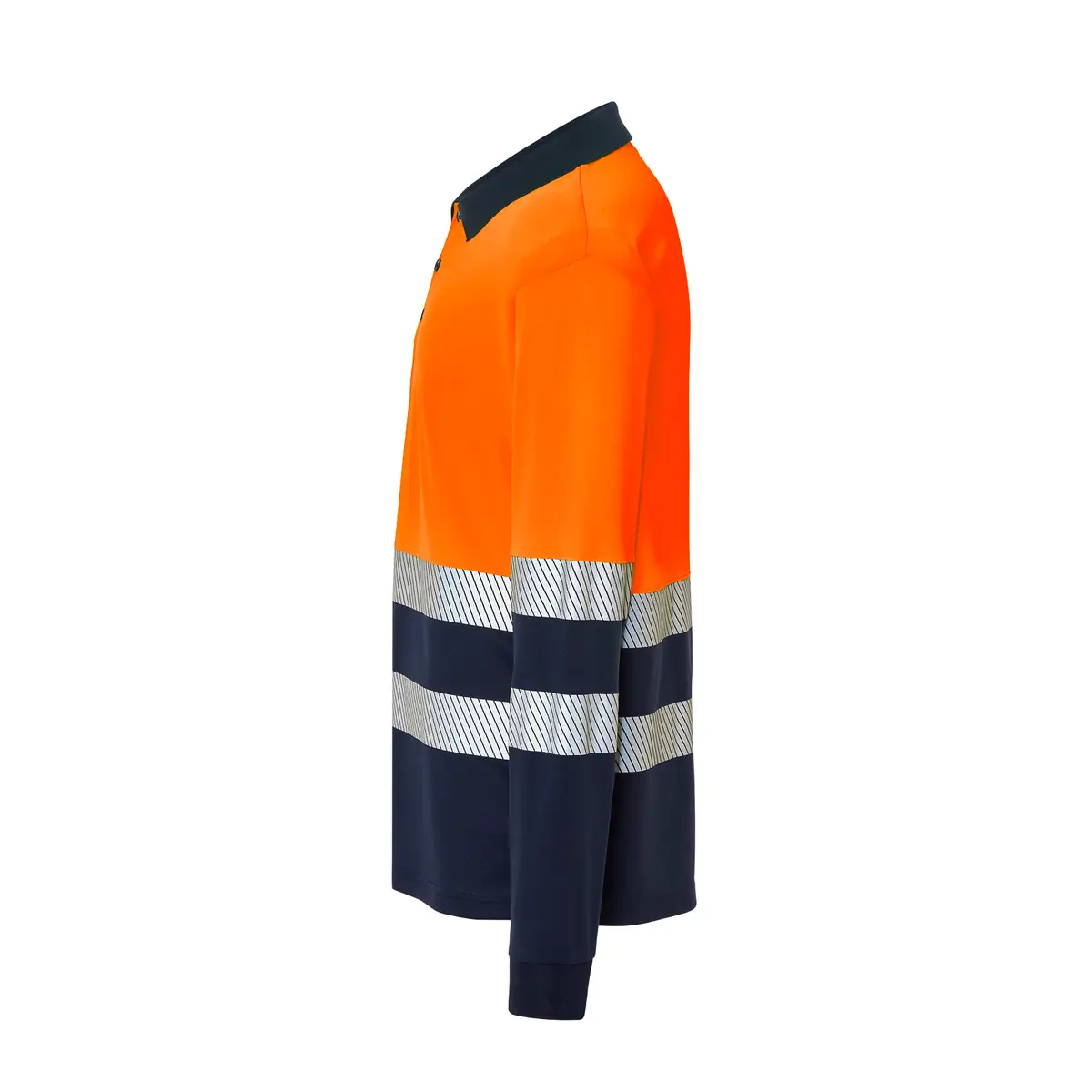 Polo alta visibilidad manga larga JHK HV02U00LS 3 Polo JHK HV02U00LS en azul marino y naranja flúor de manga larga, vista lateral