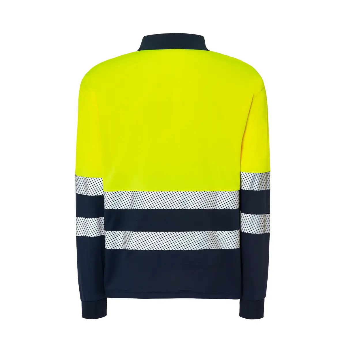 Polo alta visibilidad manga larga JHK HV02U00LS 7 Polo JHK HV02U00LS en azul marino y amarillo sol flúor de manga larga, vista trasera