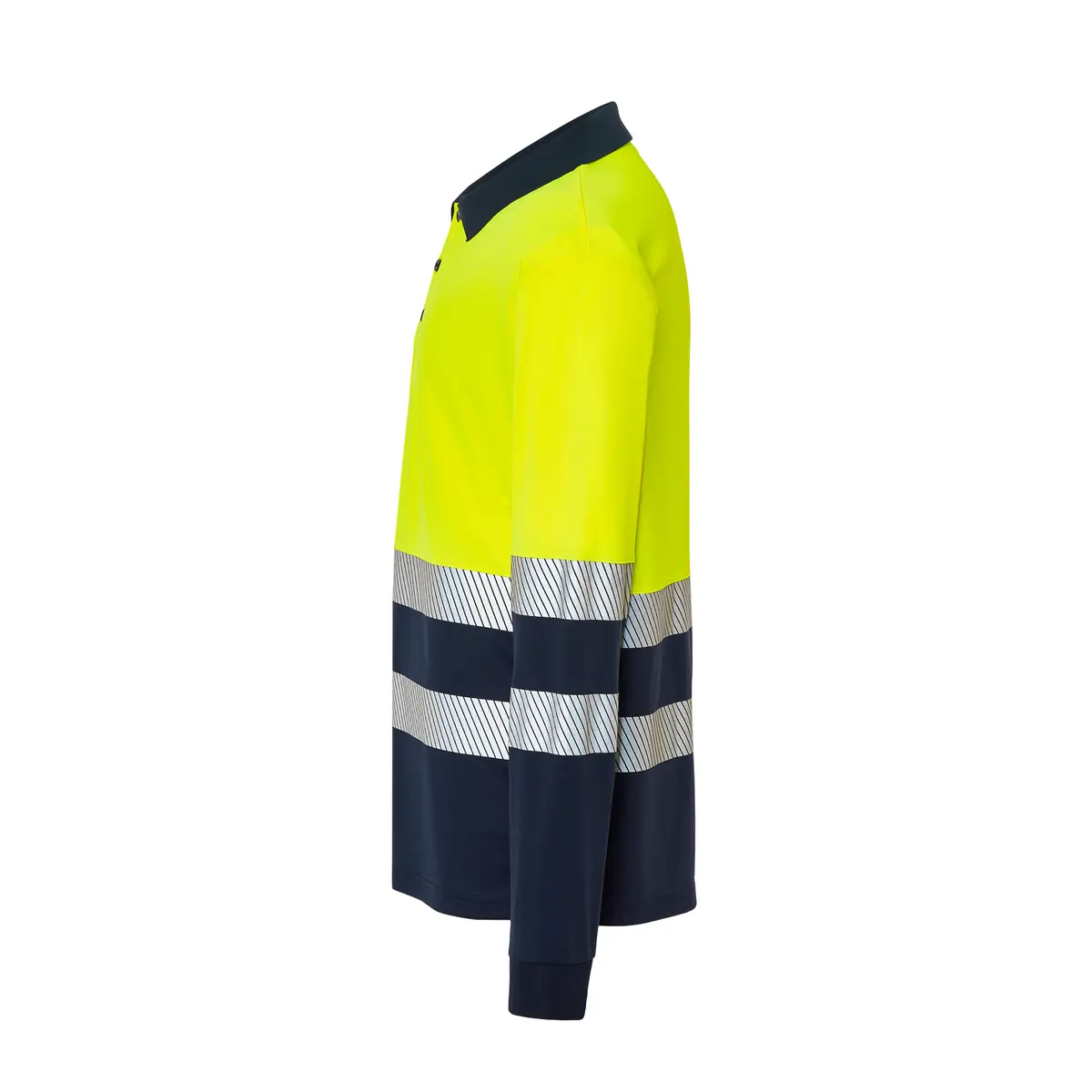 Polo alta visibilidad manga larga JHK HV02U00LS 6 Polo JHK HV02U00LS en azul marino y amarillo sol flúor de manga larga, vista lateral