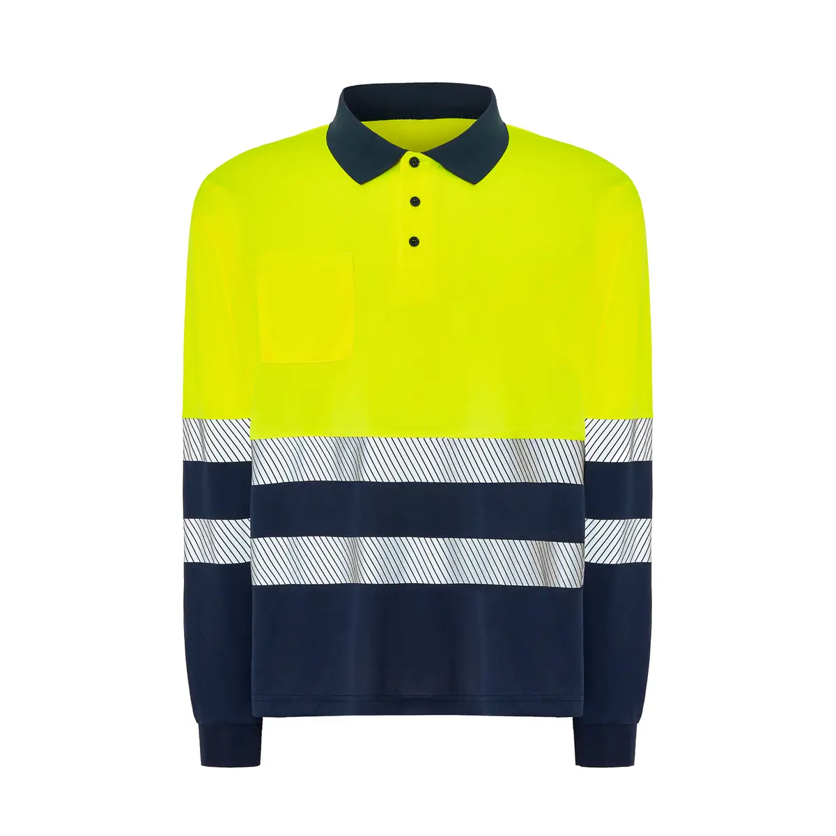 Polo alta visibilidad manga larga JHK HV02U00LS 5 Polo JHK HV02U00LS en azul marino y amarillo sol flúor de manga larga, vista frontal