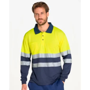 Polo JHK HV02U00LS en amarillo flúor y azul marino de manga larga, vista frontal con modelo