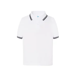 Polo infantil JHK PKID210 en blanco y azul marino, vista frontal