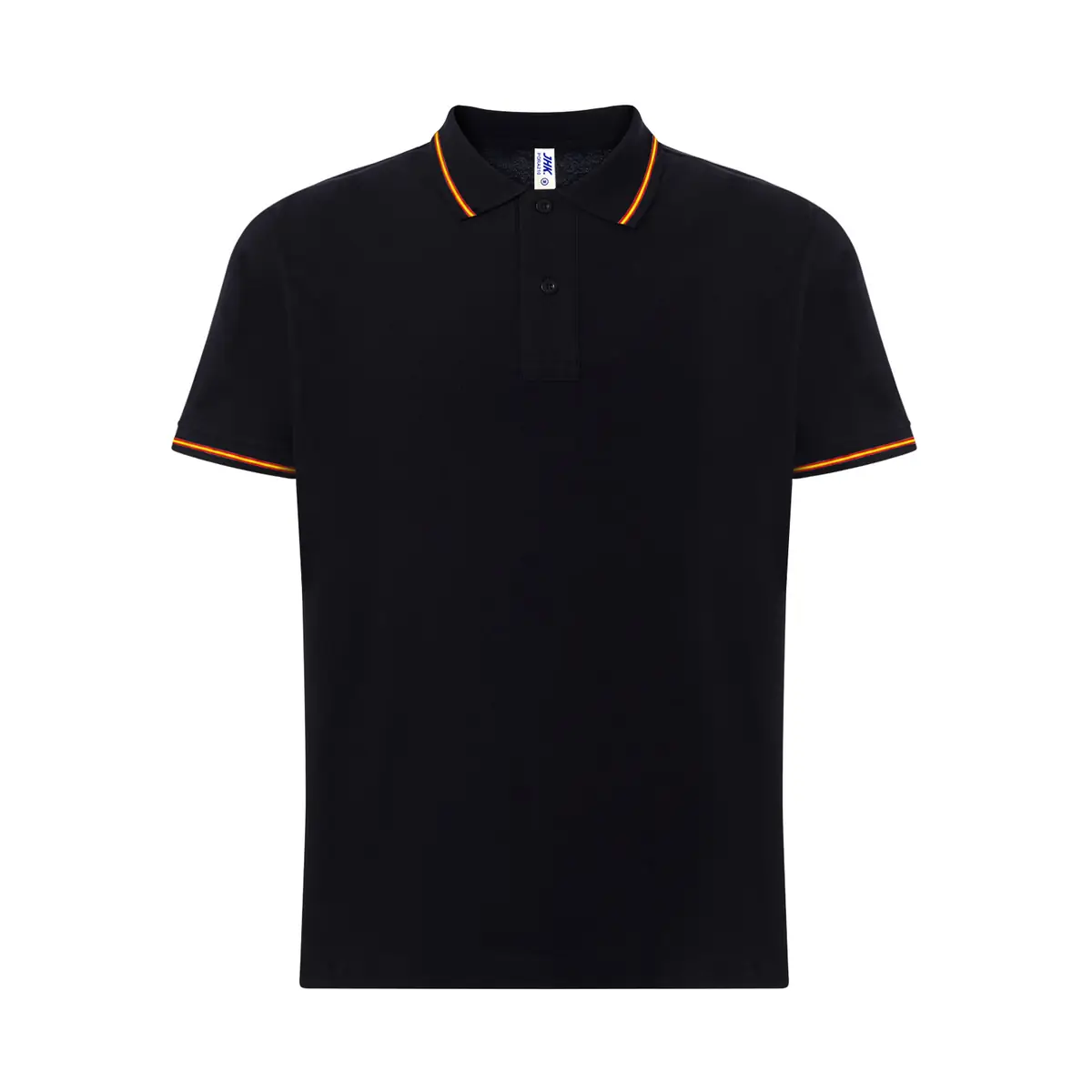 Polo piqué hombre manga corta JHK PORA210 20 Polo JHK PORA210 en negro con la bandera española, vista frontal