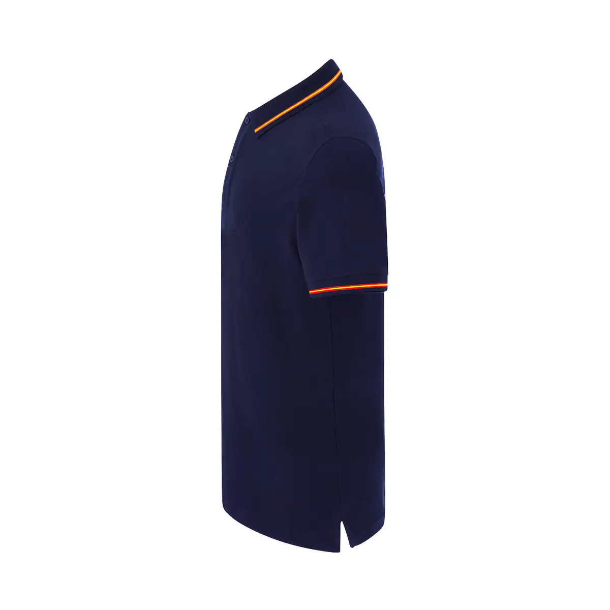 Polo piqué hombre manga corta JHK PORA210 99 Polo JHK PORA210 en azul marino con la bandera española, vista lateral