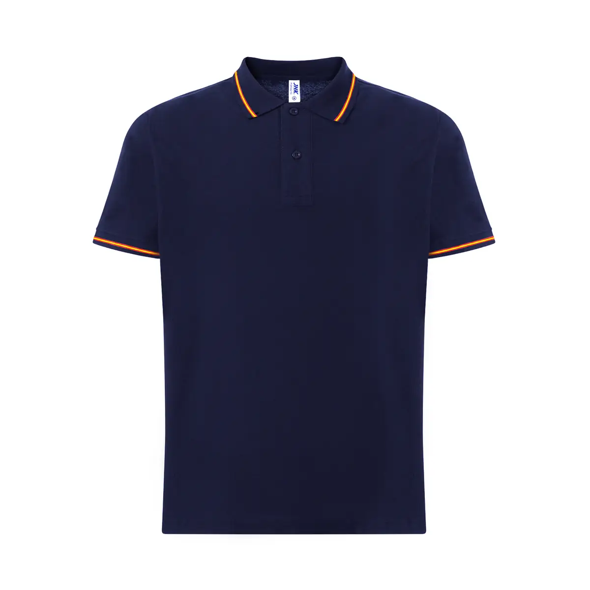 Polo piqué hombre manga corta JHK PORA210 98 Polo JHK PORA210 en azul marino con la bandera española, vista frontal