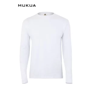 Camiseta unisex Mukua PARADISE MK156WV blanca, de manga larga y cuello redondo, vista frontal.