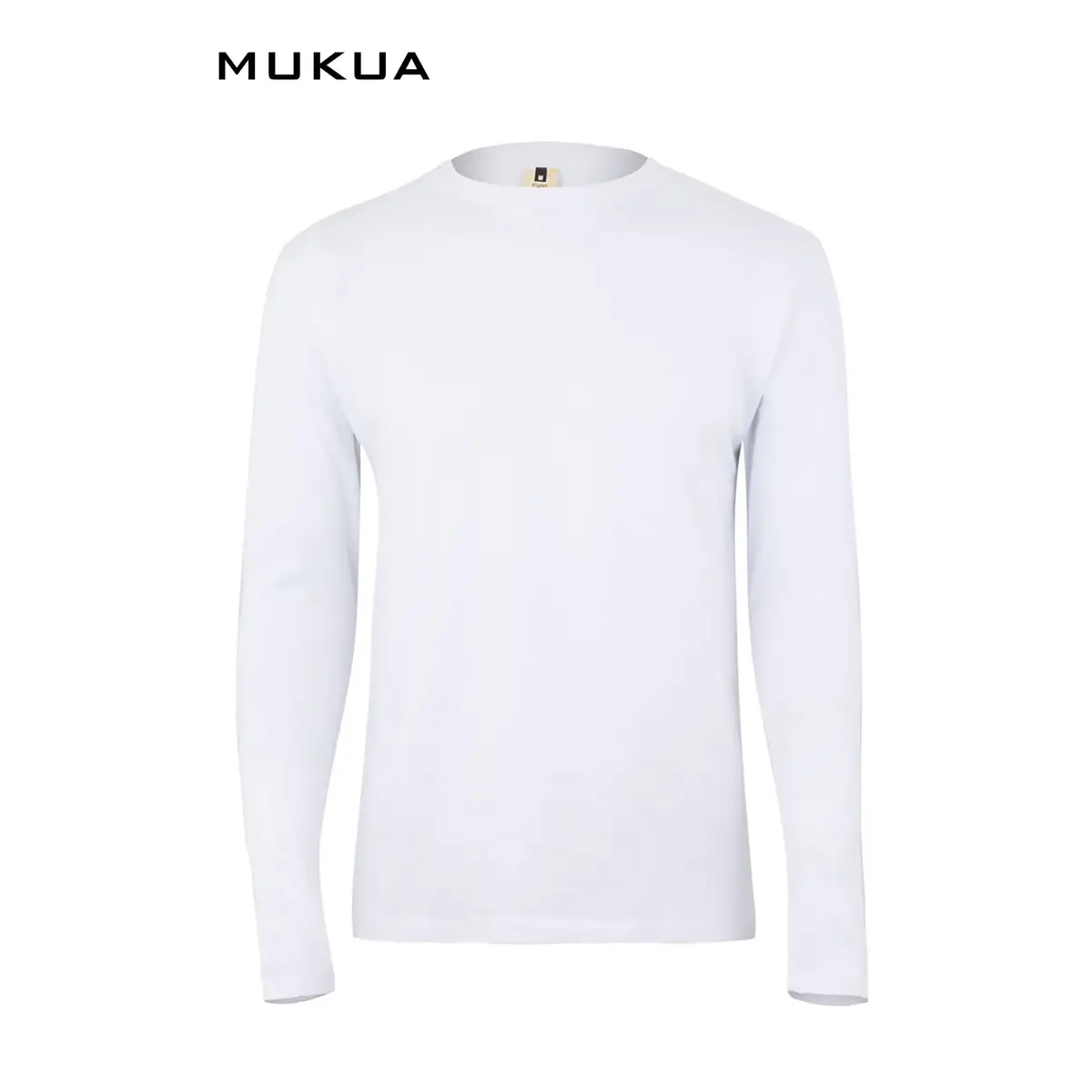 Camiseta unisex Mukua PARADISE MK156WV 1 Camiseta unisex Mukua PARADISE MK156WV blanca, de manga larga y cuello redondo, vista frontal.