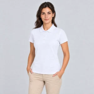 Polo Mukua NOBBY blanco, vestido por una modelo de frente