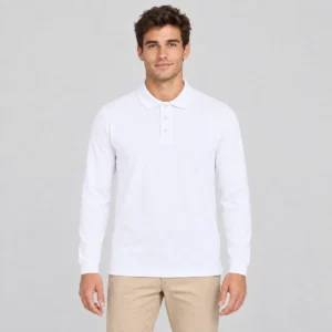 Polo Mukua CLIFTON de manga larga blanco, vestido por un modelo de frente