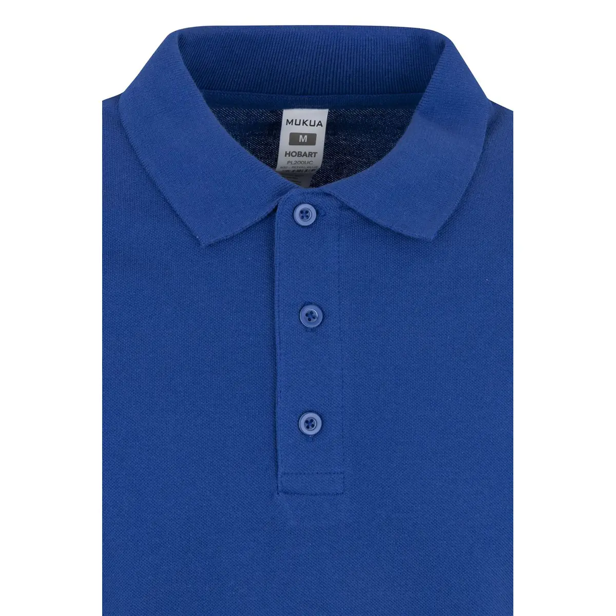 Polo unisex Mukua HOBART PL200UC 22 Polo Mukua HOBART en color Royal Blue, detalle del cuello