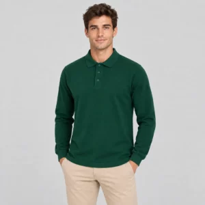 Polo Mukua HOBART de manga larga verde botella, vestido por un modelo de frente