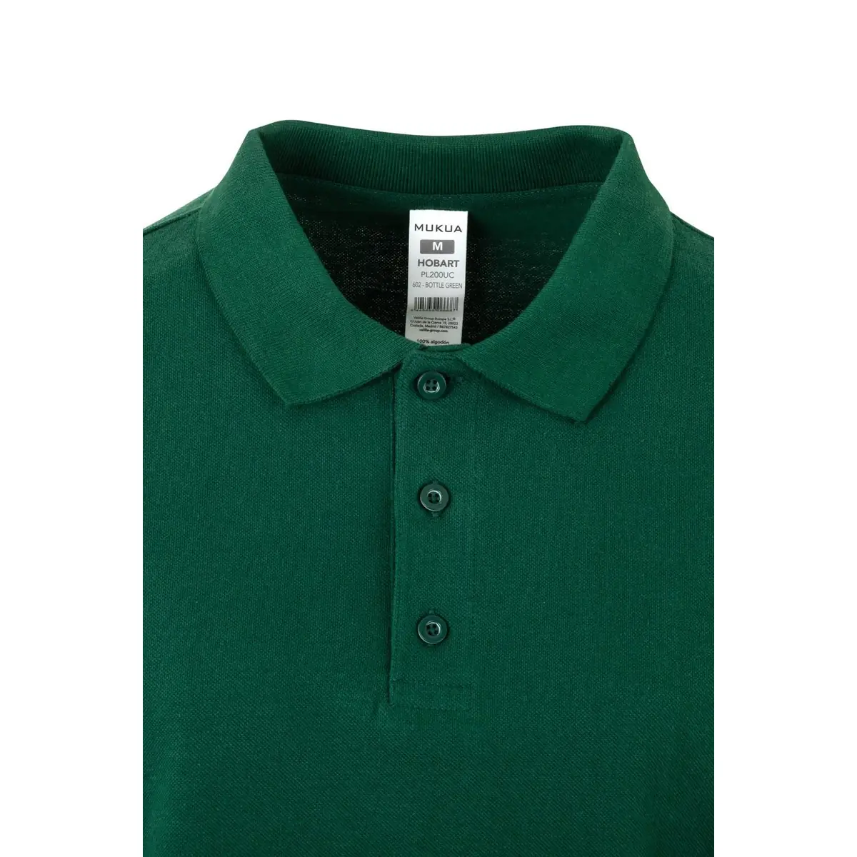 Polo unisex Mukua HOBART PL200UC 28 Polo Mukua HOBART en color Bottle Green, detalle del cuello