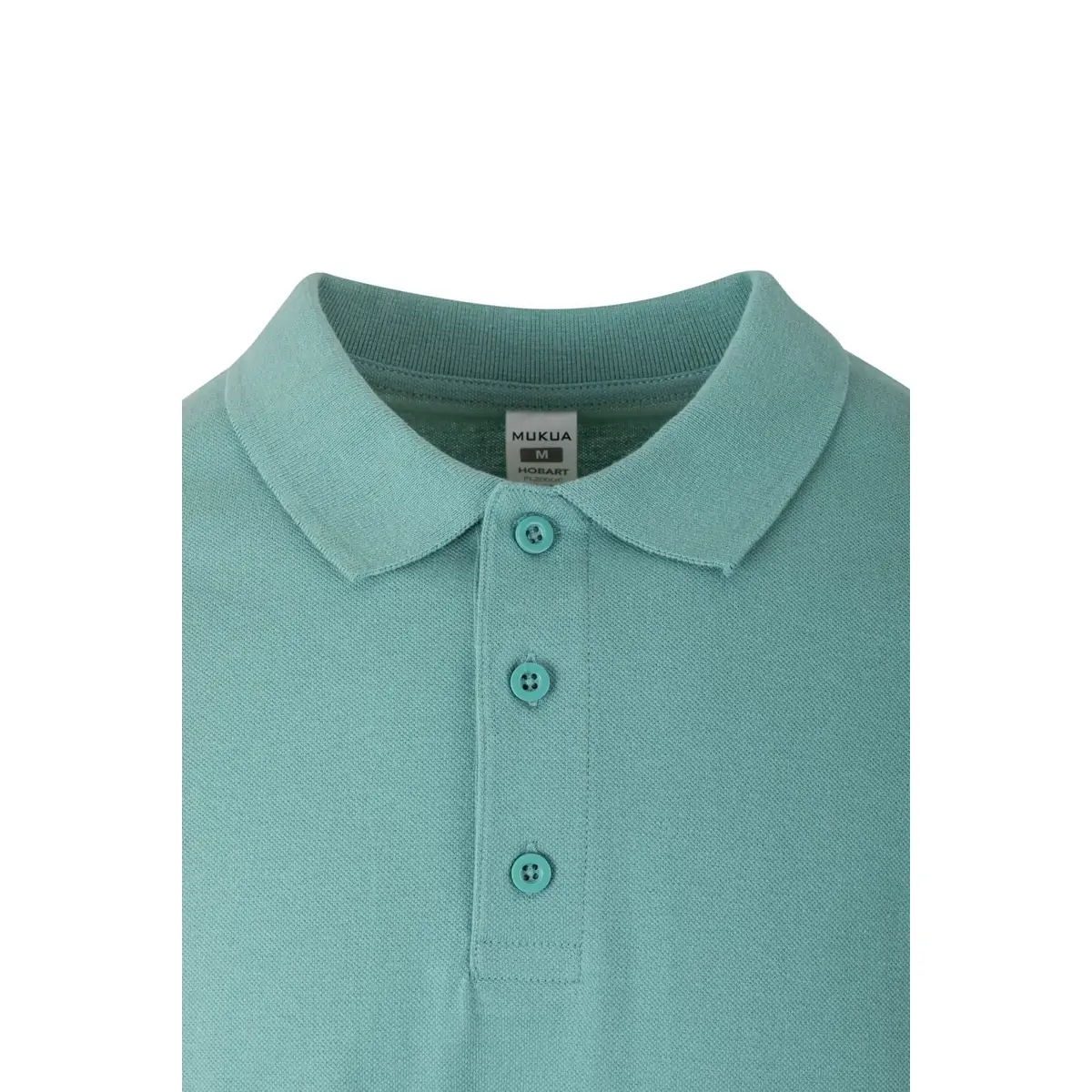 Polo unisex Mukua HOBART PL200UC 30 Polo Mukua HOBART en color Sage, detalle del cuello