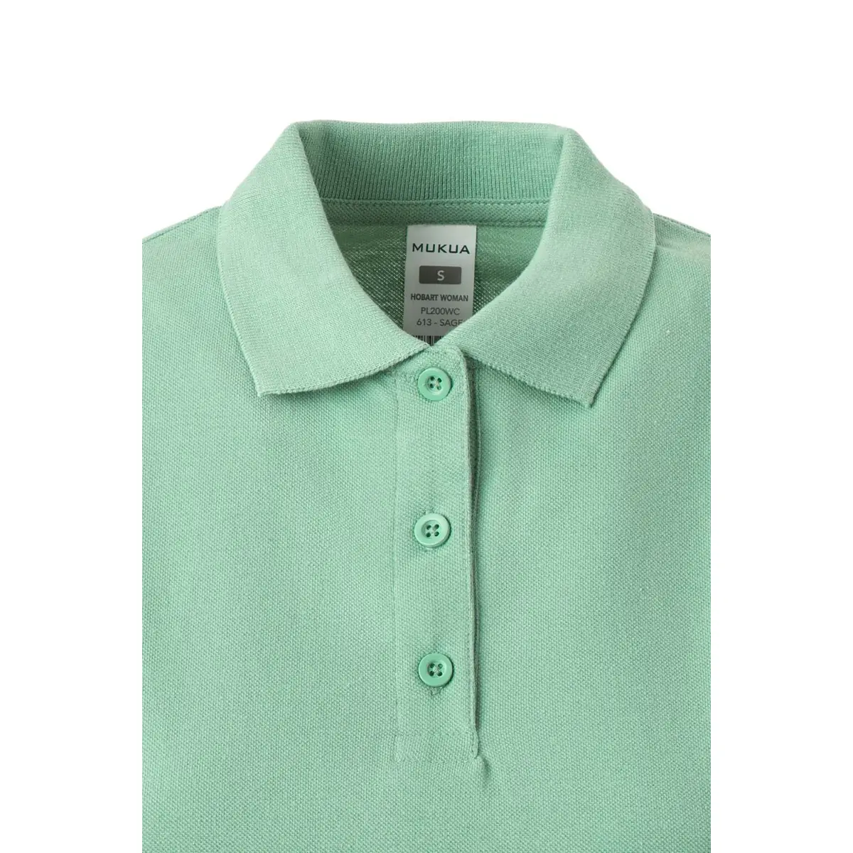 Polo de mujer Mukua HOBART WOMAN PL200WC 21 Polo Mukua HOBART WOMAN en color Sage, detalle del cuello