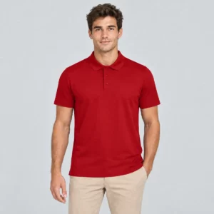 Polo Mukua BOGAN rojo, vestido por un modelo de frente