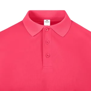 Polo Mukua BOGAN en color Fluor Coral, detalle del cuello