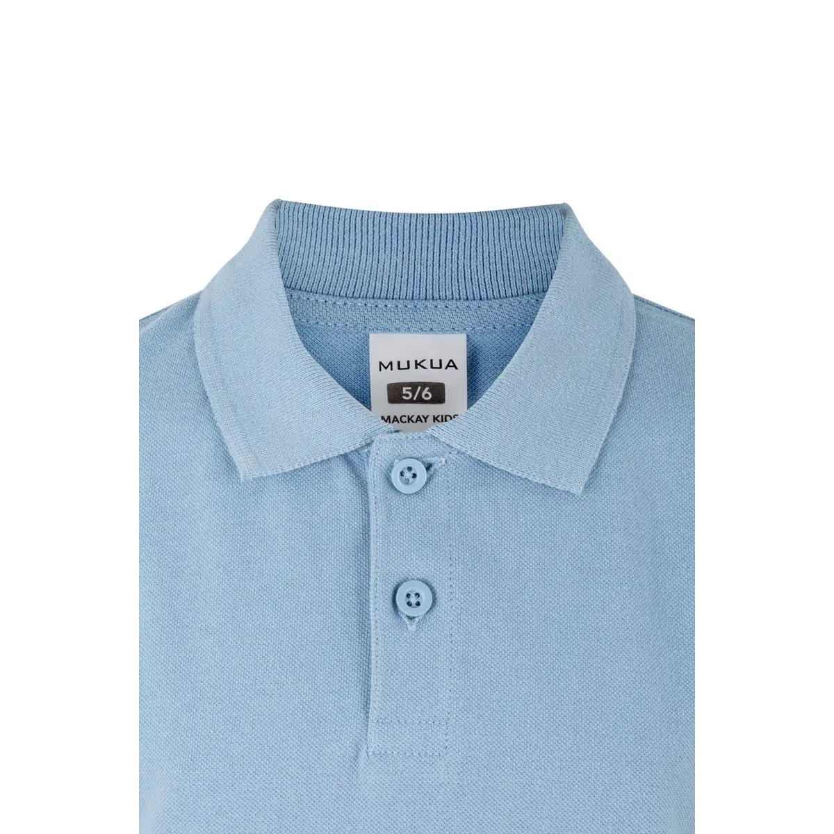 Polo infantil Mukua MACKAY KIDS PS200KC 12 Polo Mukua MACKAY KIDS en color Sky Blue, detalle del cuello