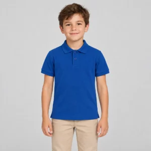Polo infantil Mukua MACKAY KIDS azul royal, vestido por un niño de frente
