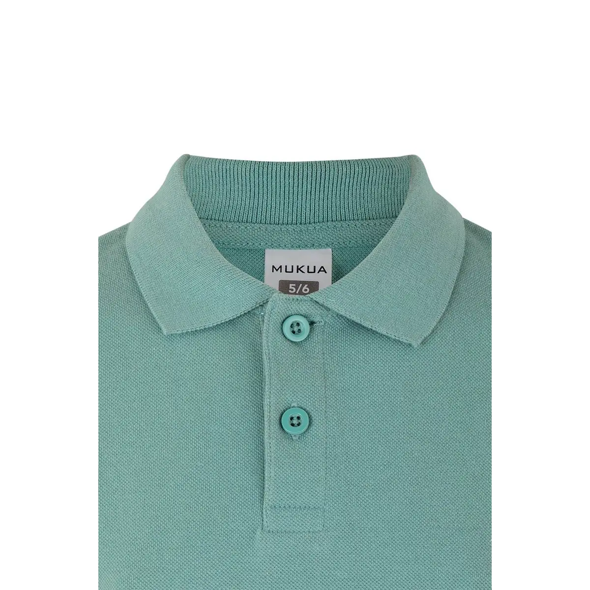 Polo infantil Mukua MACKAY KIDS PS200KC 17 Polo Mukua MACKAY KIDS en color Sage, detalle del cuello
