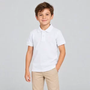 Polo infantil Mukua MACKAY KIDS blanco, vestido por un niño de frente