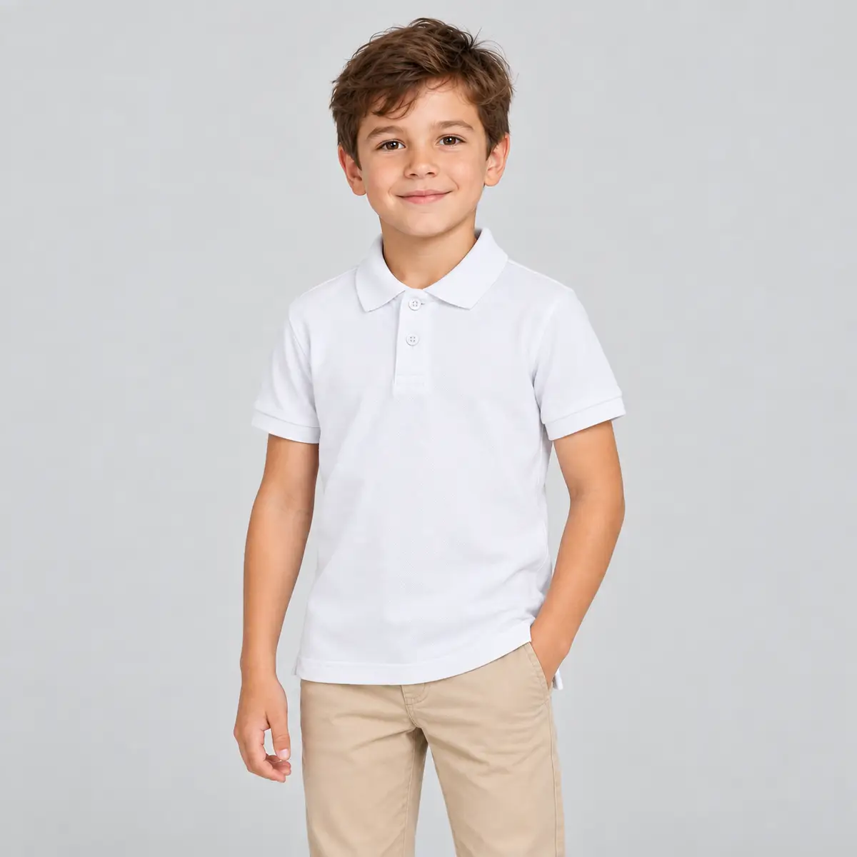 Polo infantil Mukua MACKAY KIDS PS200KW 1 Polo infantil Mukua MACKAY KIDS blanco, vestido por un niño de frente