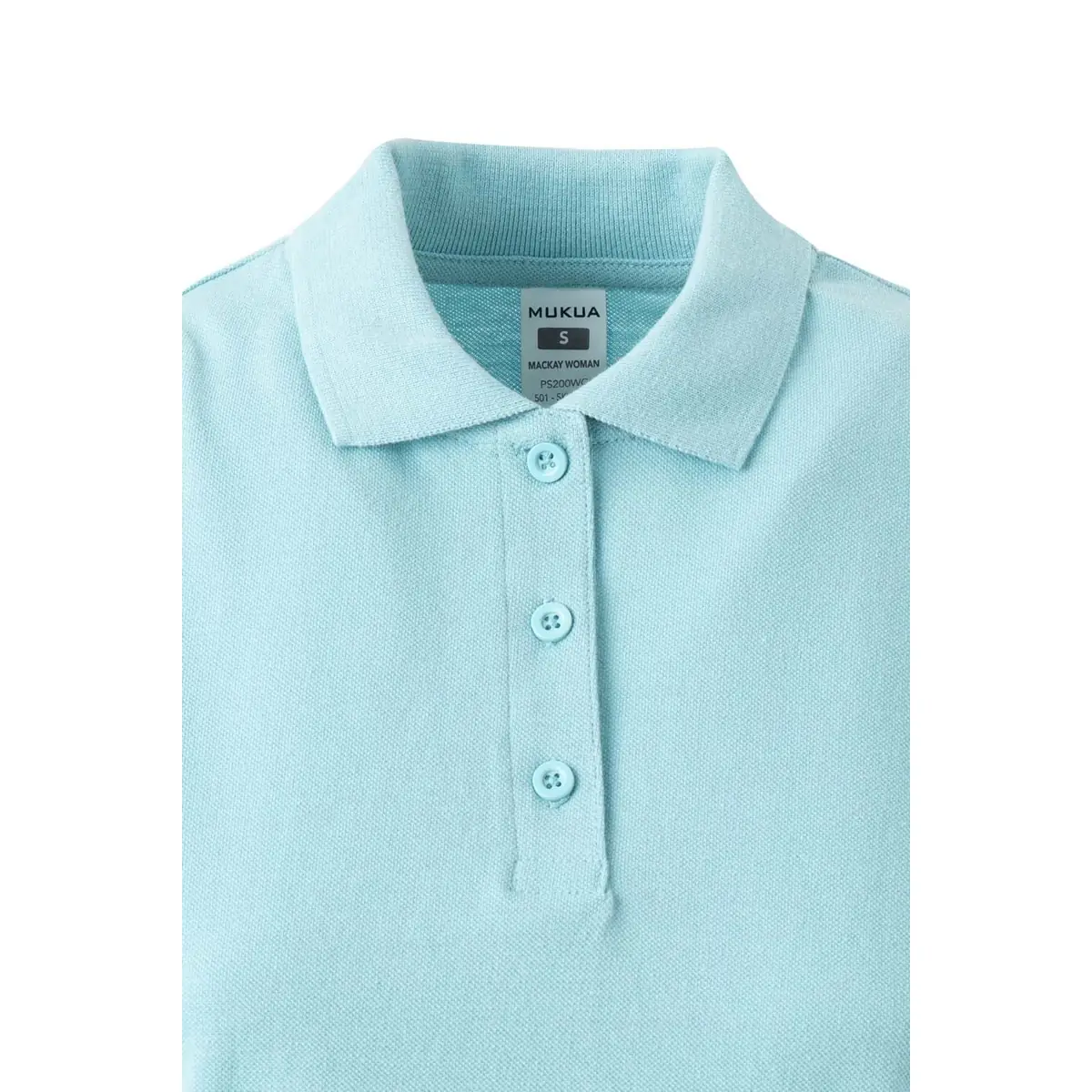 Polo de mujer Mukua MACKAY WOMAN PS200WC 9 Polo Mukua MACKAY WOMAN en color Sky Blue, detalle del cuello