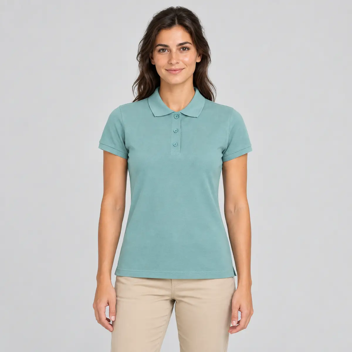 Polo de mujer Mukua MACKAY WOMAN PS200WC 1 Polo Mukua MACKAY WOMAN verde salvia, vestido por una modelo de frente