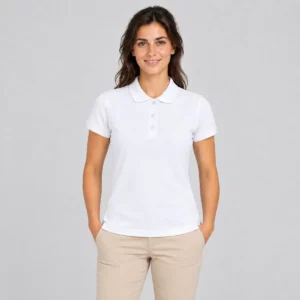 Polo Mukua MACKAY WOMAN blanco, vestido por una modelo de frente