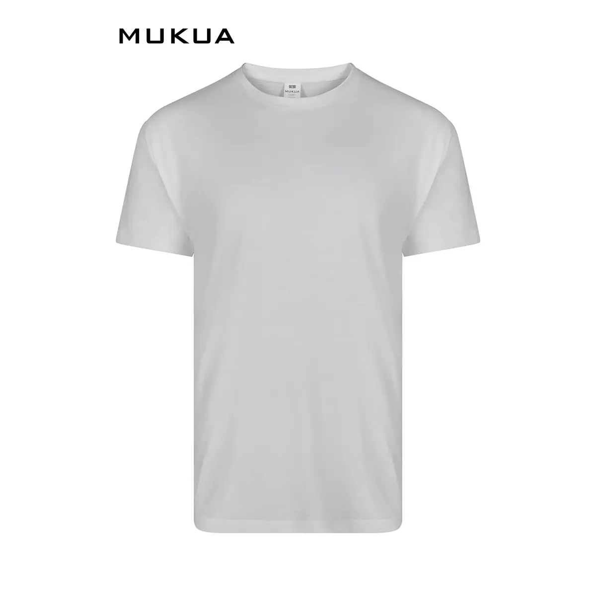 Camiseta unisex Mukua DERBY TS151UW 1 Camiseta unisex Mukua DERBY TS151UW blanca, de manga corta y cuello redondo, vista frontal.