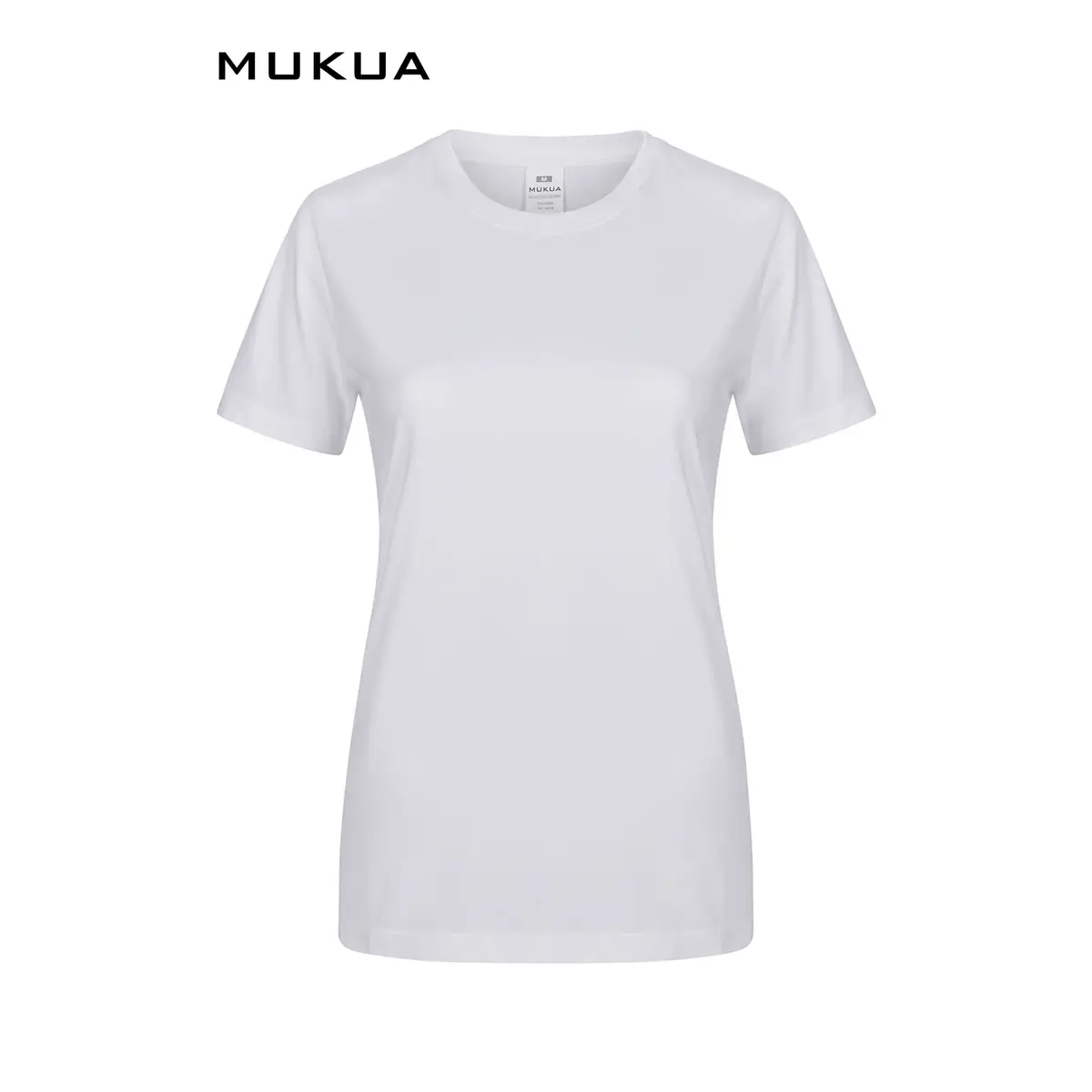 Camiseta mujer Mukua MELBOURNE WOMAN TS155WW 1 Camiseta de mujer Mukua MELBOURNE WOMAN TS155WW blanca, de manga corta y cuello redondo, vista frontal.