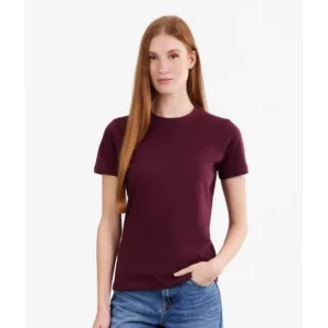 Mujer con camiseta Mukua PALM WOMAN TS190WC burdeos de manga corta y cuello redondo.