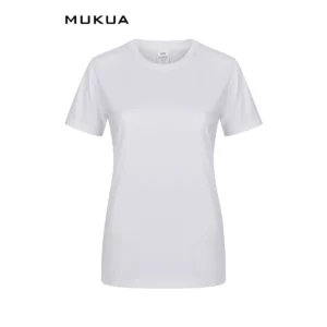 Camiseta de mujer Mukua PALM WOMAN TS190WW blanca, de manga corta y cuello redondo, vista frontal.