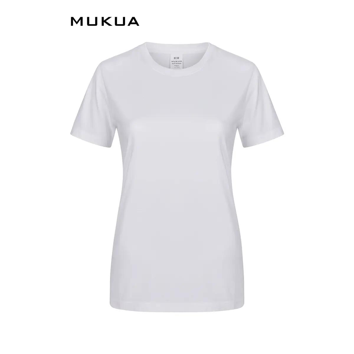 Camiseta mujer Mukua PALM WOMAN TS190WW 1 Camiseta de mujer Mukua PALM WOMAN TS190WW blanca, de manga corta y cuello redondo, vista frontal.